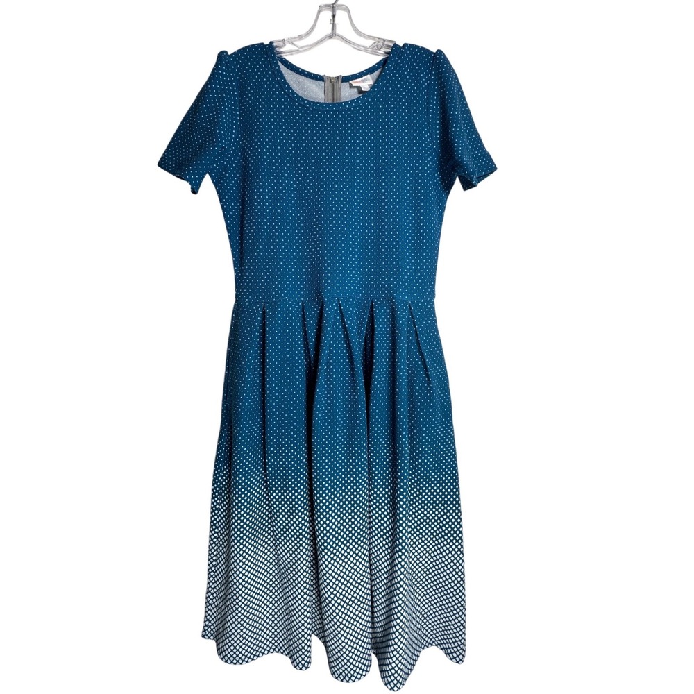 LuLaRoe Amelia Dress Large Teal Blue White Polka‎ Dot Ombre Fit Flare Pockets
